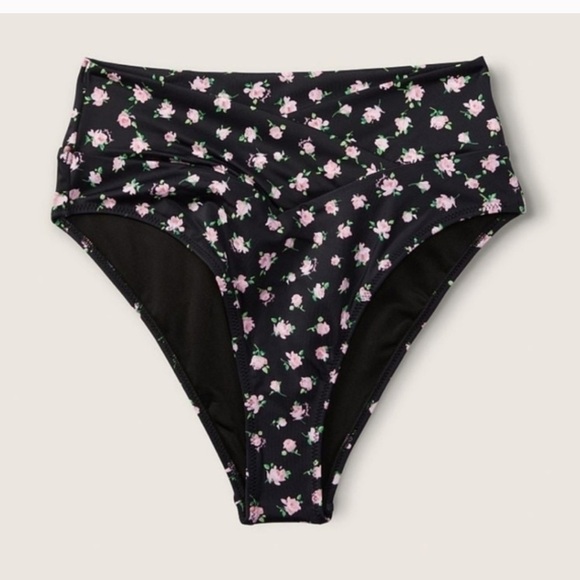 NWT Victoria's Secret PINK V Crossover High-Waist Bikini Bottom Black Floral - Picture 1 of 6